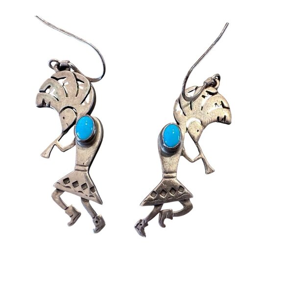 VTG Navajo Silbert Nastascio Sterling Silver Turquoise Kokopelli Earrings 9.9g - Picture 1 of 11